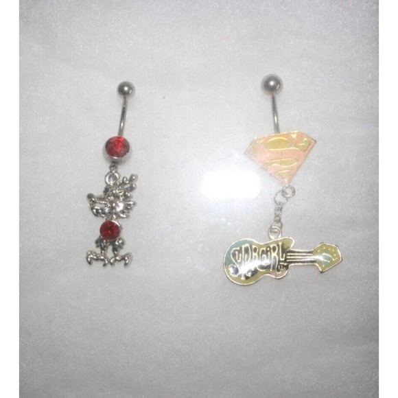Dragon & Super Girl Belly Rings Set (2) Stainless Steel Red Pink Guitar NWT - Picture 2 of 3